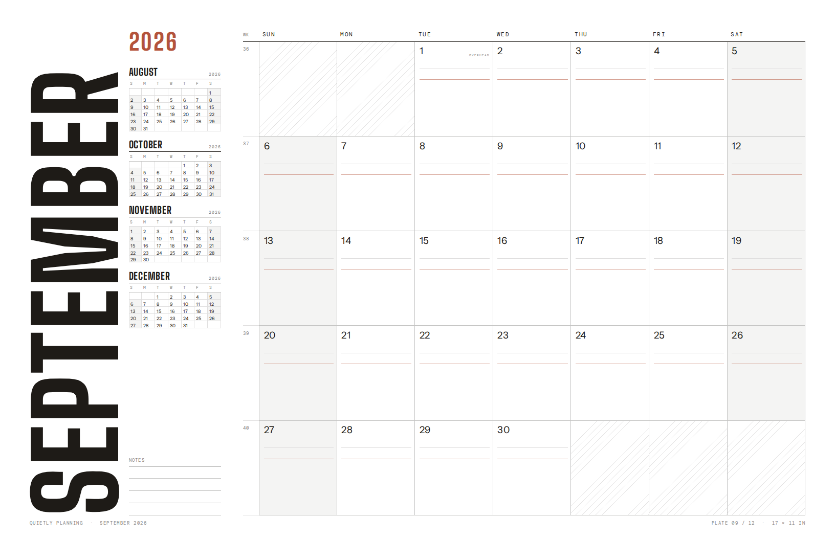 Quietly Planning month sheet for September 2026 in the print theme.