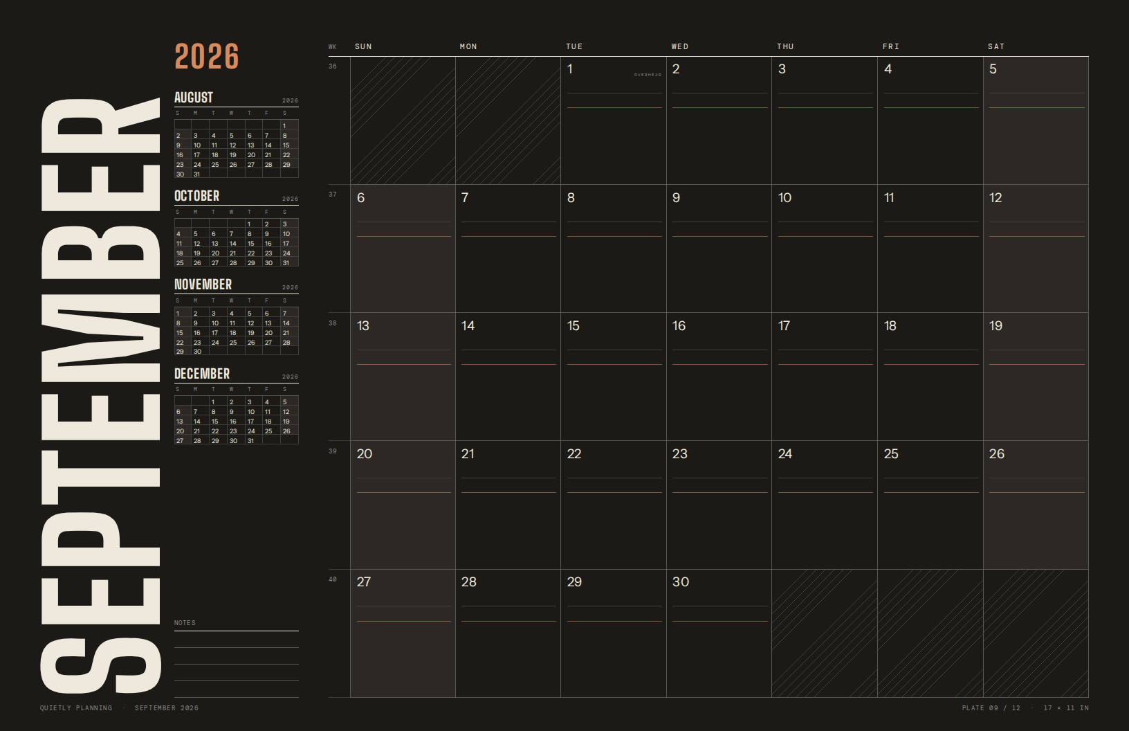 Quietly Planning month sheet for September 2026 in the screen theme: a monumental month name down the left rail, four mini month registers, and a seven-column field with an overhead band at the top of every day.